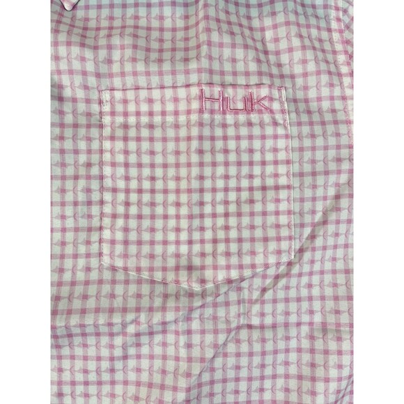 NEW Huk Performance Shirt Men's Small Pink White Button Down Fish Pattern Check - Picture 10 of 14